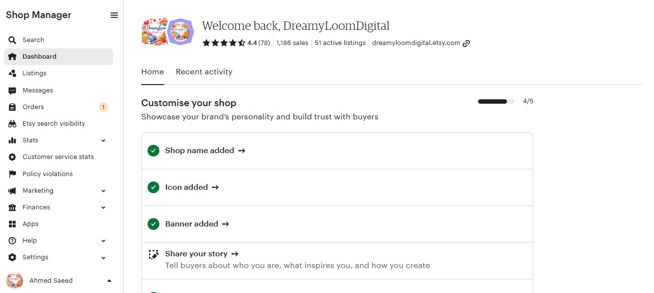 Dreamy Loom Digital Etsy Shop Manager dashboard